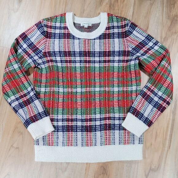 🔹️Orvis Cream Multicolored Plaid Wool & Mohair Blend Sweater Small - Picture 1 of 8